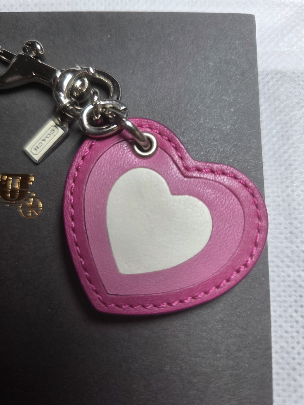 Coach Pink Heart Leather Keychain with Silver Hardware. EUC
